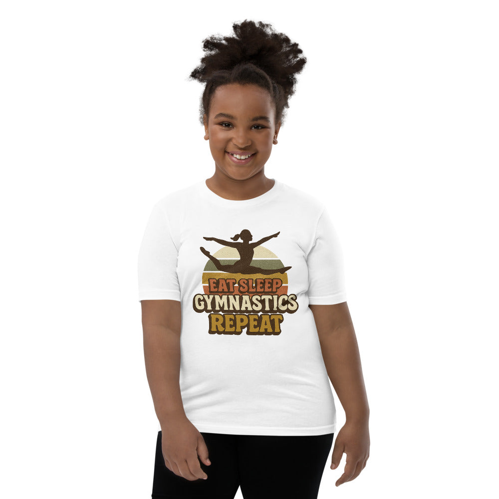 Eat Sleep Gymnastics Repeat youth shirt in White — Moore Minis